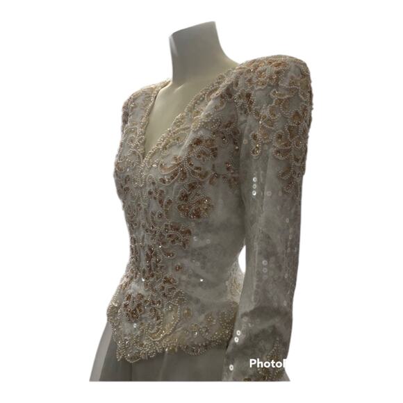 Vintage wedding sequenced dress with detachable skirt & train Ivory gold medium - Picture 9 of 17